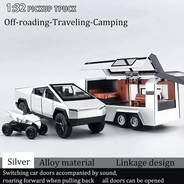 Tesla Cyber Truck Pick-up Trailer Camper 1:24 Diecast Scale Model Car