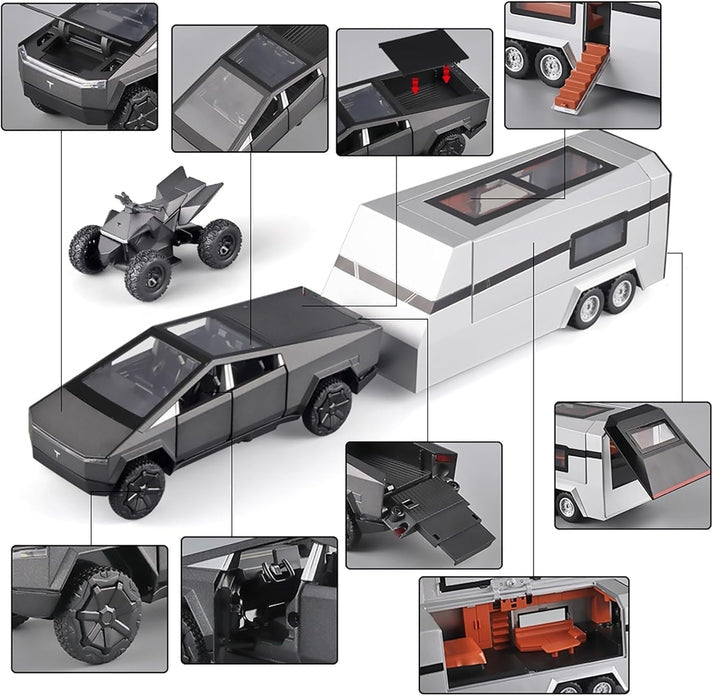 Tesla Cyber Truck Pick-up Trailer Camper 1:24 Diecast Scale Model Car