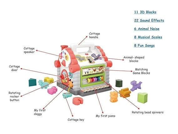 Musical Baby House With Shape Sorters,Musical Piano,Counting Beads,Blocks Activity Cube